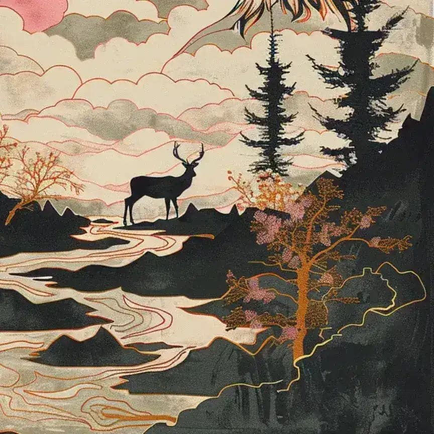 Elegant River's Embrace Hand Tufted Rug featuring a scenic landscape with a deer standing by a river, surrounded by abstract trees and clouds. Ideal for adding a touch of nature to your living room, this square area rug is crafted from high-quality wool, perfect for living room rugs 8x10.