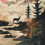 Elegant River's Embrace Hand Tufted Rug featuring a scenic landscape with a deer standing by a river, surrounded by abstract trees and clouds. Ideal for adding a touch of nature to your living room, this square area rug is crafted from high-quality wool, perfect for living room rugs 8x10.