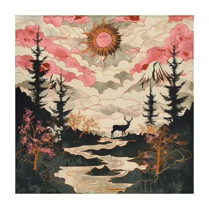 The River's Embrace Hand Tufted Rug is a stunning square area rug featuring a vibrant, abstract landscape design. This wool rug showcases a serene scene with a flowing river, majestic deer, towering trees, and a radiant sun, perfect for adding an artistic touch to your living room. Ideal as an 8x10 rug for living rooms, it combines elegance with nature-inspired beauty, making it one of the finest rugs for living room settings.