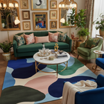 Living room with a colorful abstract rug, green sofa, and decorative elements.