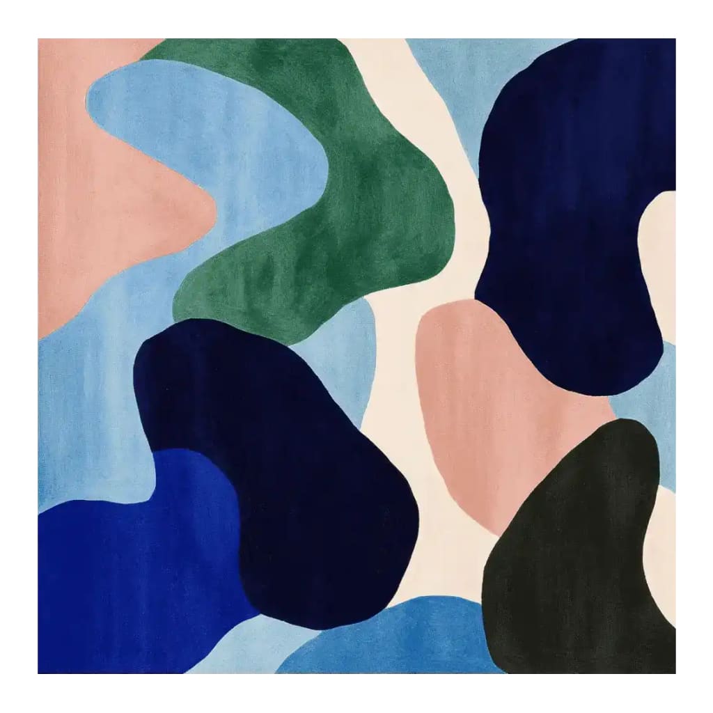 A vibrant, contemporary square area rug featuring abstract patterns in blue, green, pink, and black. Ideal for adding a splash of color to living rooms, this wool rug measures 8x10 and offers a unique artistic flair.