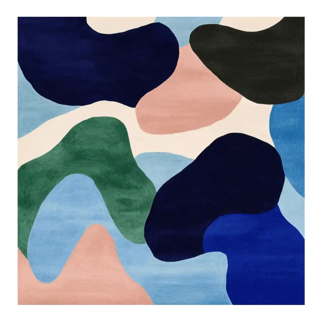 Top view of the Riverstone Drift Dream Hand Tufted Rug, a contemporary area rug with an abstract design featuring bold shapes in blue, green, pink, and black. Perfect for living room spaces, this square wool rug measures 8x10, adding a splash of modern art to your decor.