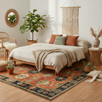 Cozy bedroom with a bed, plants, orange traditional wool rug, and decorative items.