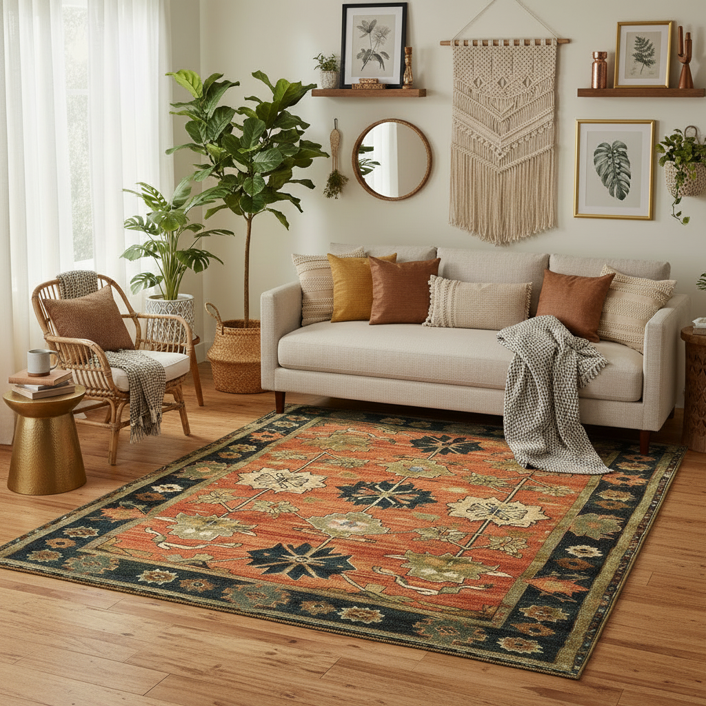 Living room with a patterned orange wool rug, sofa, and decorative elements.