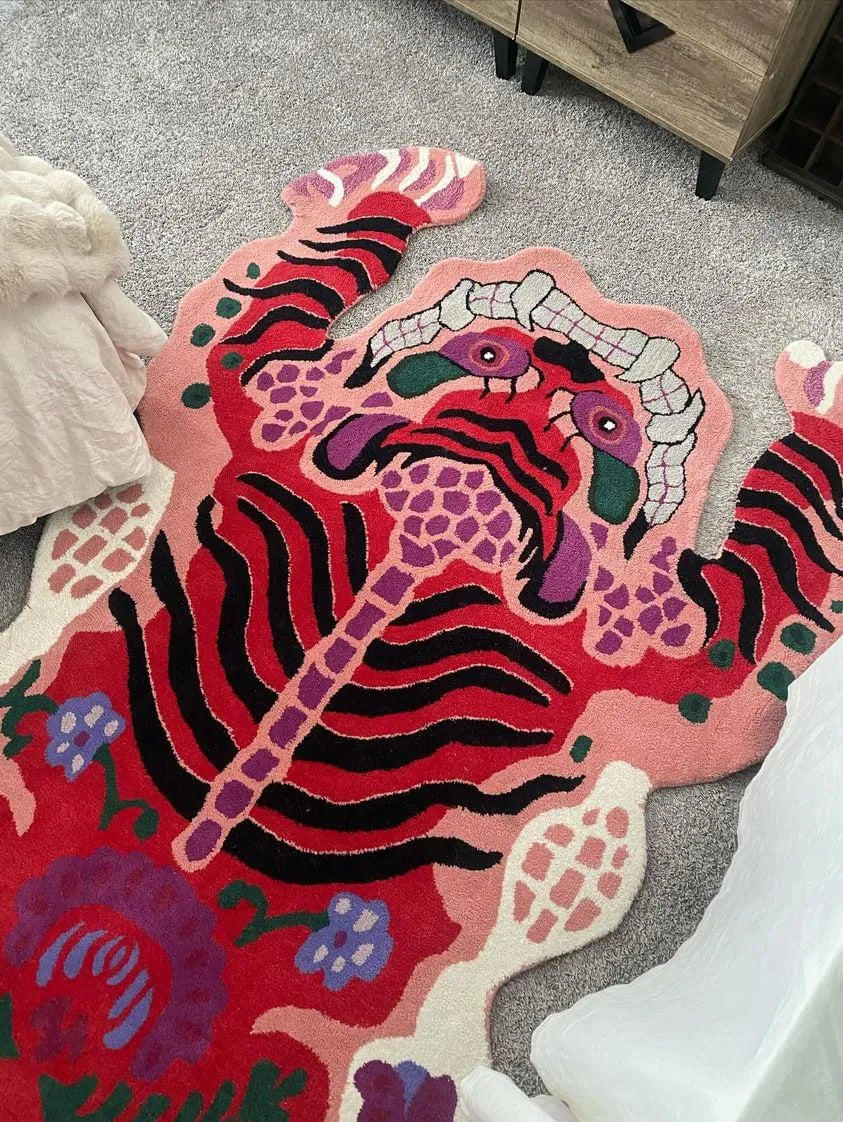 Chinoiserie Pink Tibetan Tiger Tufted Wool Rug