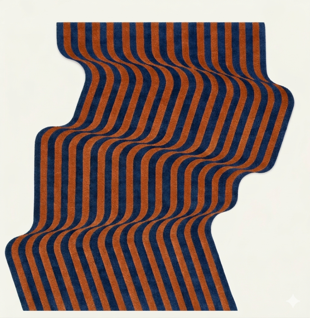 Wavy striped rug with blue and orange pattern on a white background