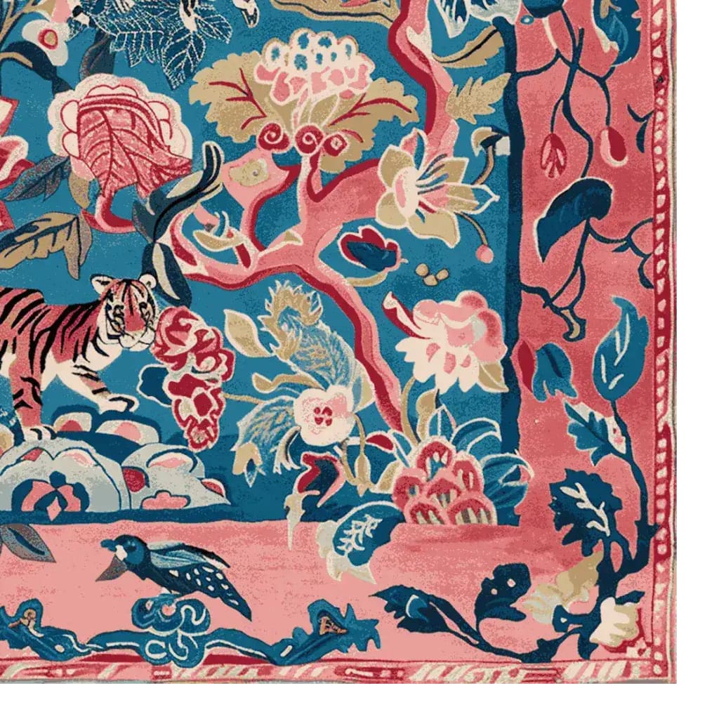Vibrant hand-tufted area rug featuring an abstract design with a tiger and floral patterns, perfect as a large living room rug. This square wool rug offers a colorful blend of blue, pink, and beige hues, adding a bold statement to any space, ideal for those seeking unique rugs for living room decor.