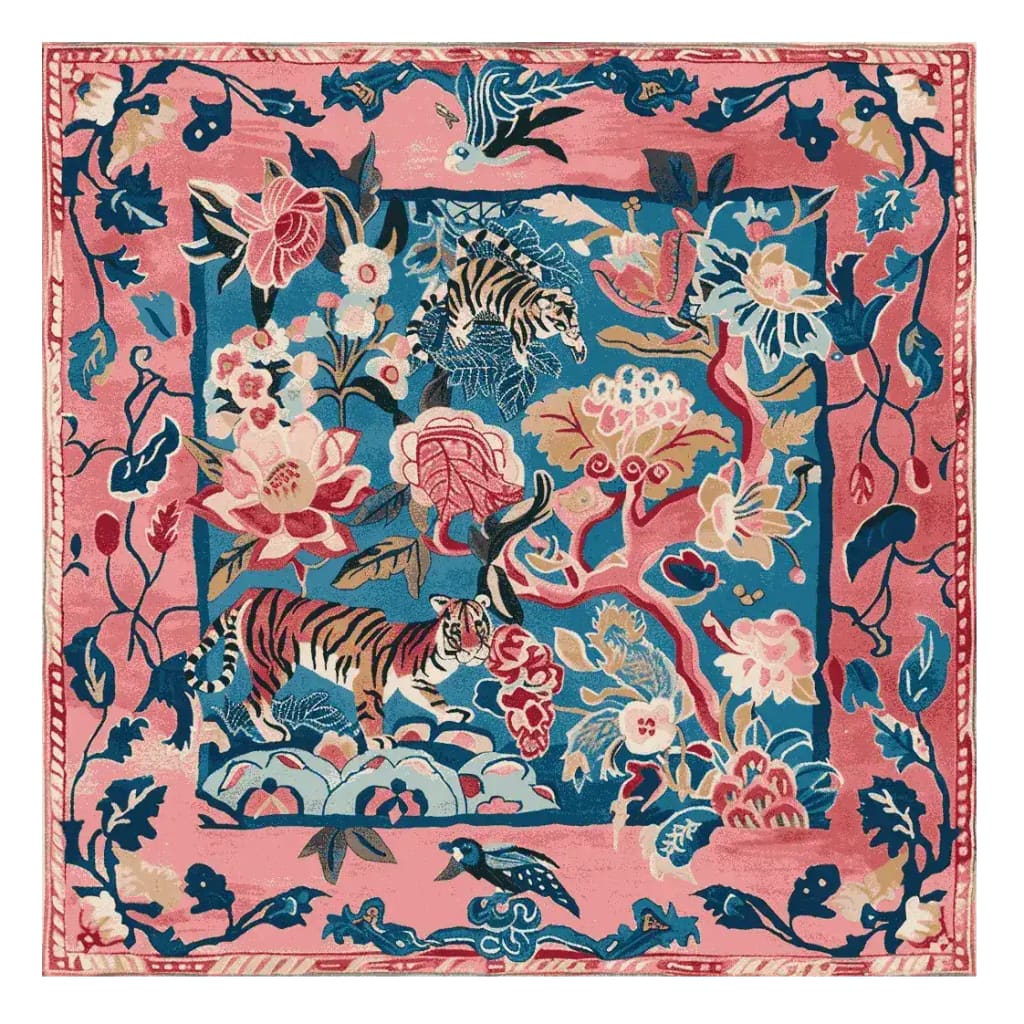 Vibrant and colorful hand-tufted wool area rug featuring an abstract design with tigers, flowers, and foliage. This square area rug is ideal for large living rooms, adding a touch of artistic flair to your space with its intricate patterns and bold colors.
