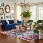 Living room with blue sofa, green chairs, a floral chinoiserie square rug, and decorative elements.