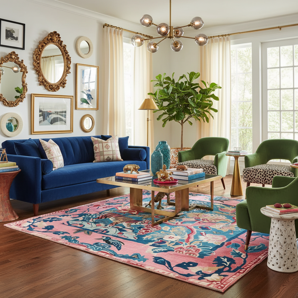 Living room with blue sofa, green chairs, a floral chinoiserie square rug, and decorative elements.