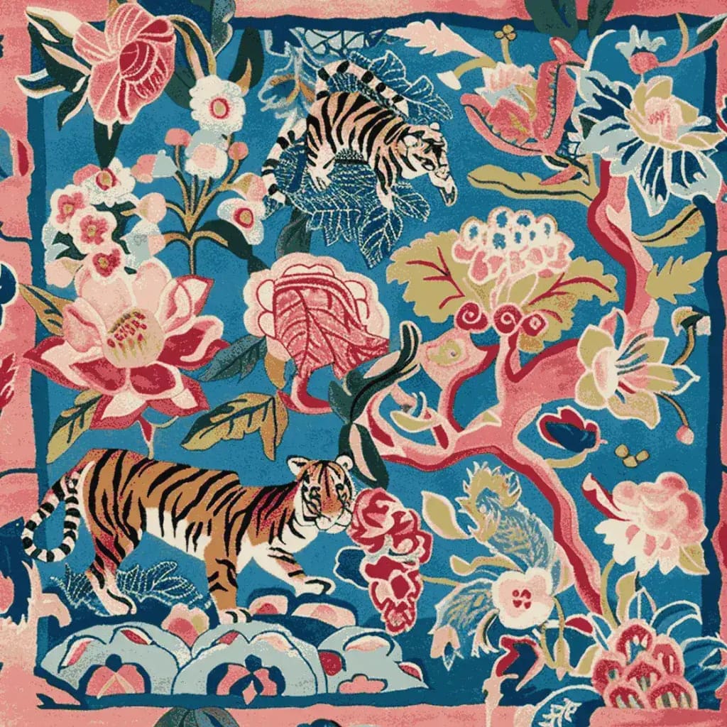 Vibrant Roar & Bloom Hand Tufted square area rug featuring a bold abstract design of tigers and blooming florals on a rich blue background, perfect for adding a touch of art to large living room spaces. This wool rug includes a harmonious mix of pink, green, and cream colors, making it an ideal choice for stylish rugs for living room decor.