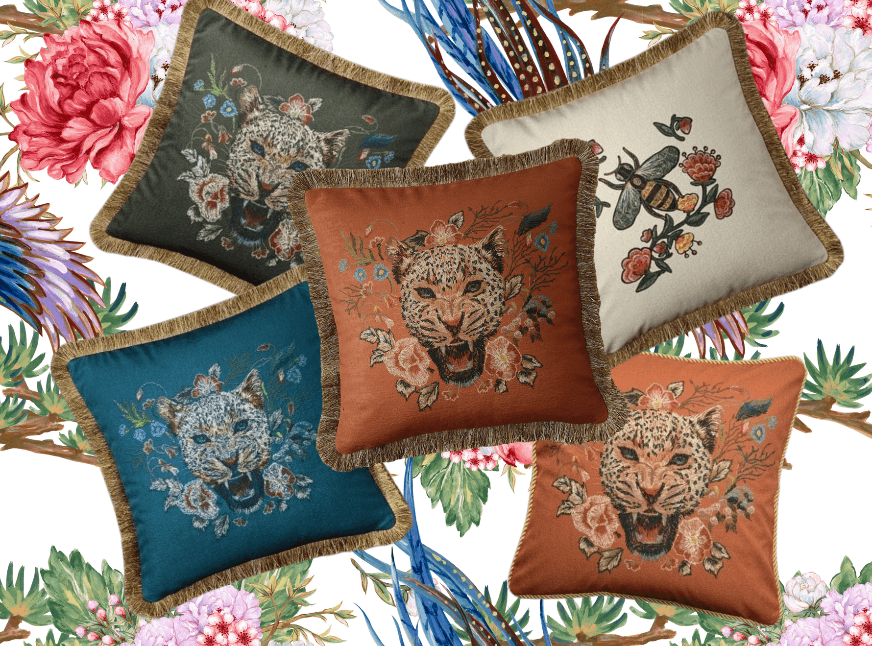 Roaring Leopard Floral Velvet Throw Cushion Cover with Fringe