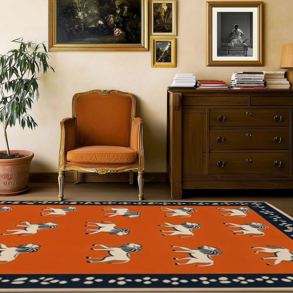 A vibrant area rug featuring an abstract design of playful zebras on an orange background, perfect for adding a touch of whimsy to your office or living room. This hand-tufted wool rug is shown in a stylish office setting with elegant furniture, making it an ideal choice for large area rugs.