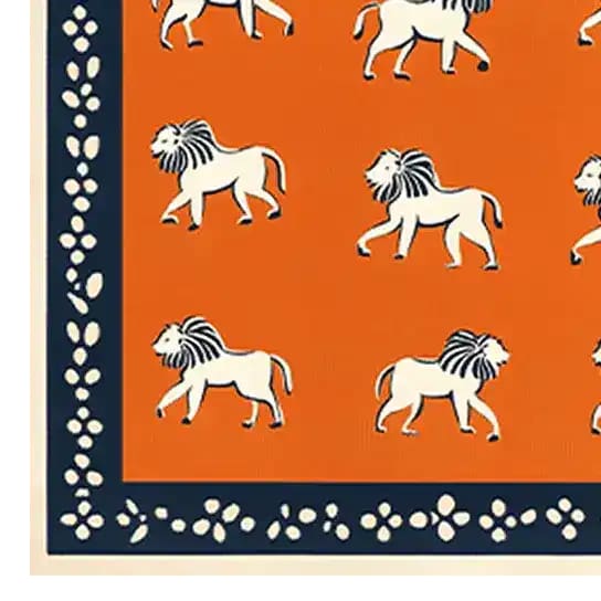 A vibrant hand-tufted area rug featuring a bold orange background adorned with stylized lion motifs. This wool rug is framed by a navy border with a playful pattern, making it an ideal choice for office rugs or large area rugs for living room settings.