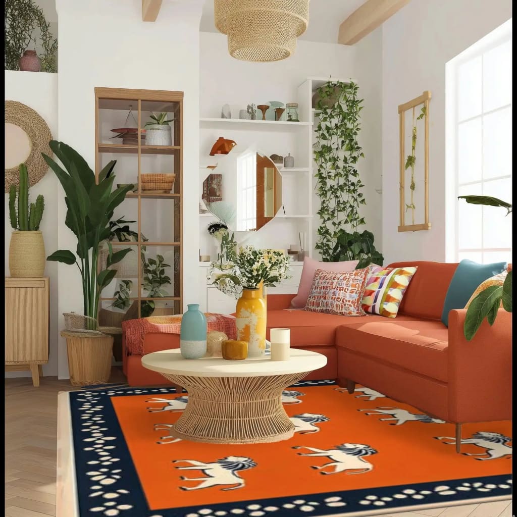 A vibrant area rug featuring an abstract tiger design in an inviting living room setting. The wool rug complements a modern orange sectional sofa with colorful pillows, while the space is adorned with indoor plants and natural light. Ideal for adding a bold touch to offices or large living areas, this large area rug creates a warm and stylish atmosphere.
