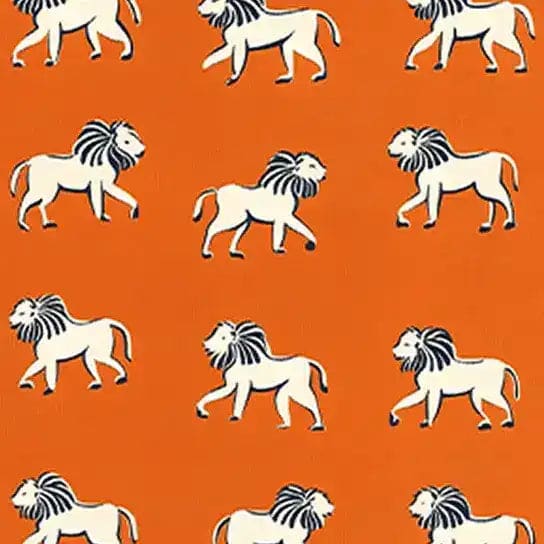 Vibrant orange area rug featuring a playful pattern of white lions with black manes, ideal as a wool rug for offices or large living rooms. This hand-tufted design adds a bold statement to your space, perfect for those seeking unique office rugs or large area rugs for living room setups.