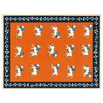 This vibrant area rug features an abstract design of playful white lions with dark blue manes on a bold orange background. The intricate border adds an elegant touch, making it a perfect wool rug for offices or large living rooms.