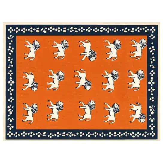 This vibrant area rug features an abstract design of playful white lions with dark blue manes on a bold orange background. The intricate border adds an elegant touch, making it a perfect wool rug for offices or large living rooms.