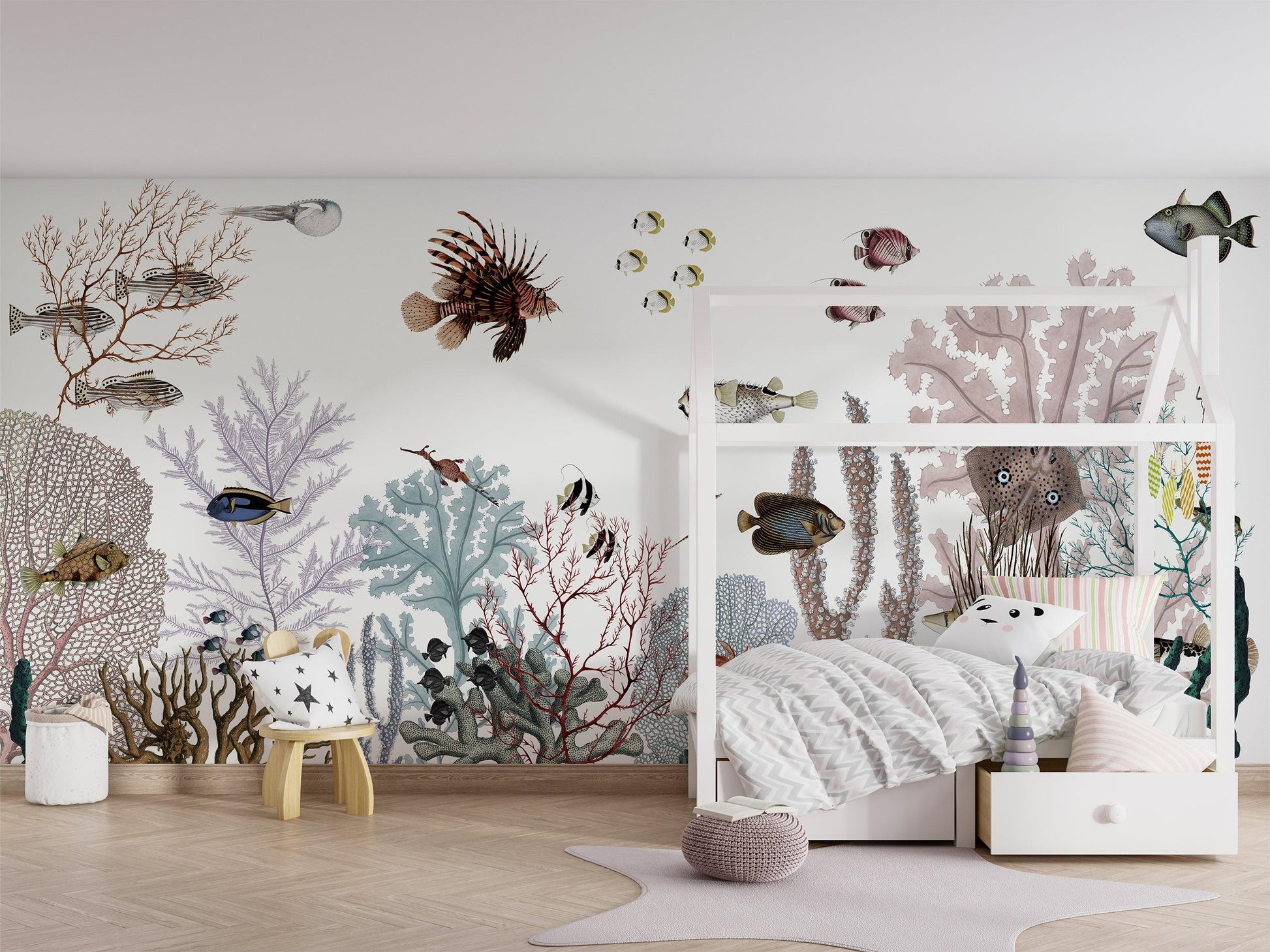 Roaring Reef - White Wallpaper Mural - MAIA HOMES