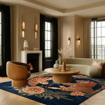 A luxurious area rug featuring a bold abstract tiger design with floral accents, perfect for large living rooms. This 8x10 vintage wool rug adds a touch of elegance and warmth to the space, enhancing the aesthetic with its rich colors and intricate patterns.