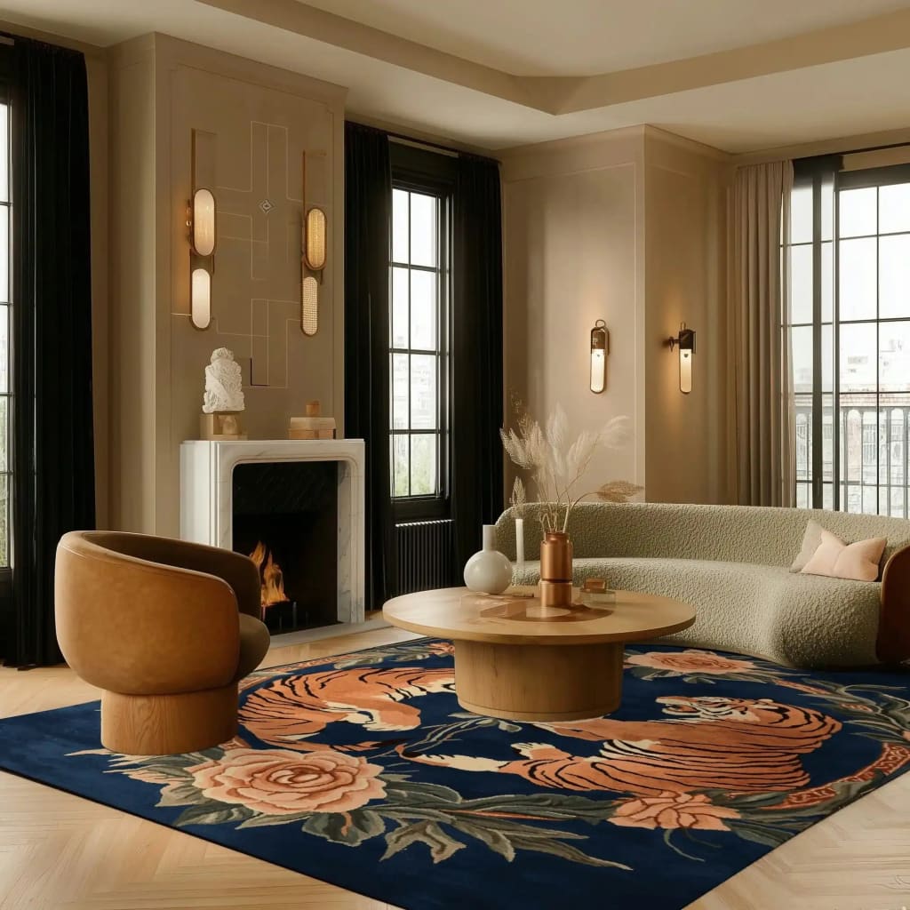 A luxurious area rug featuring a bold abstract tiger design with floral accents, perfect for large living rooms. This 8x10 vintage wool rug adds a touch of elegance and warmth to the space, enhancing the aesthetic with its rich colors and intricate patterns.