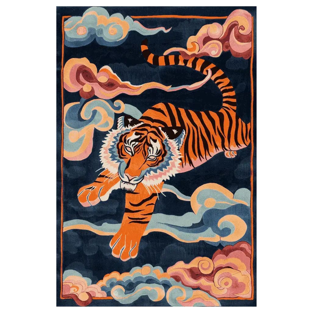 A vibrant Roaring Sky Hand Tufted Area Rug featuring a majestic tiger design set against a swirling sky pattern. This wool rug is perfect for adding a bold touch to any living room, offering a blend of art and comfort. Ideal for those seeking unique area rugs for living room spaces.