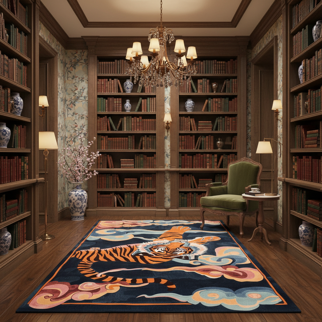 Library with bookshelves, a tiger rug, and a chandelier.