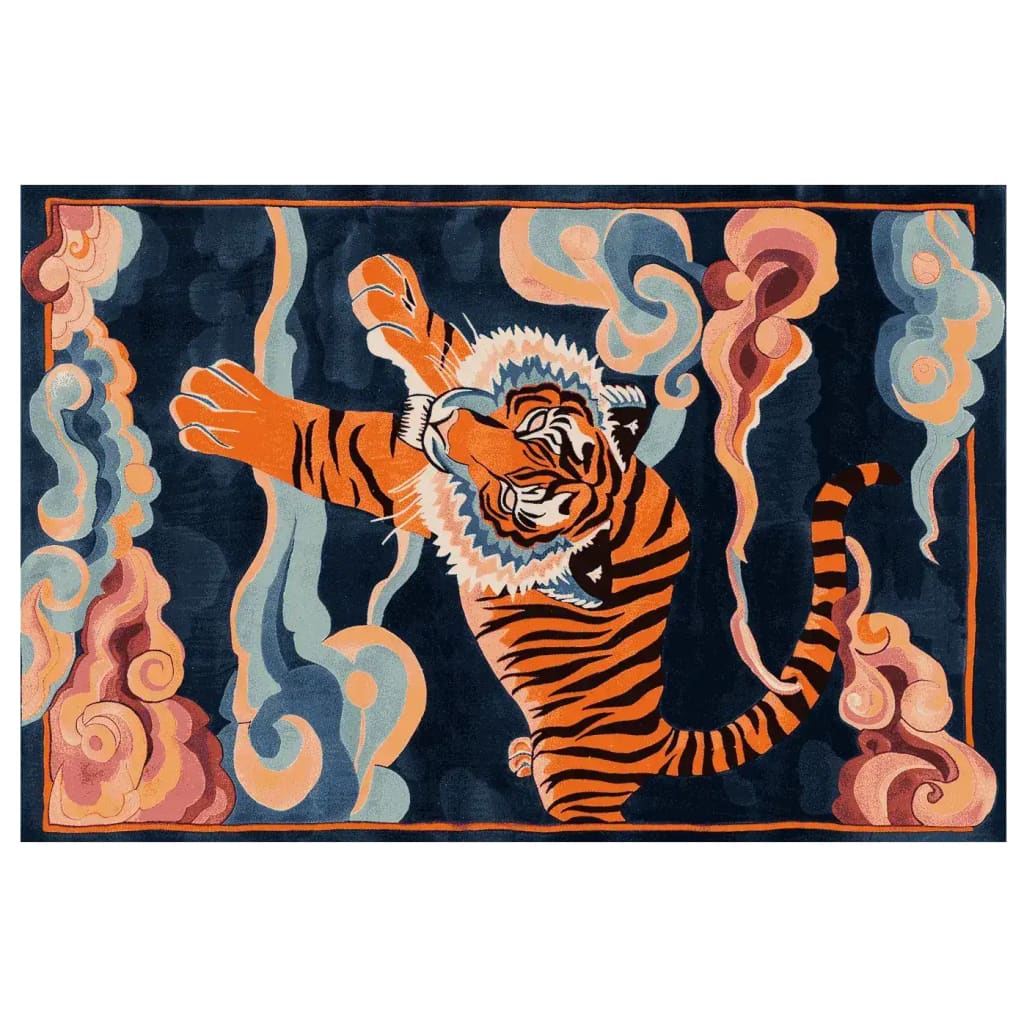 A vibrant Roaring Sky Hand Tufted Area Rug featuring an abstract tiger design. This wool rug showcases a dynamic mix of orange, blue, and pink hues, ideal for adding a bold statement to your living room decor. Perfect as an area rug for living rooms, combining artistic flair with comfort.