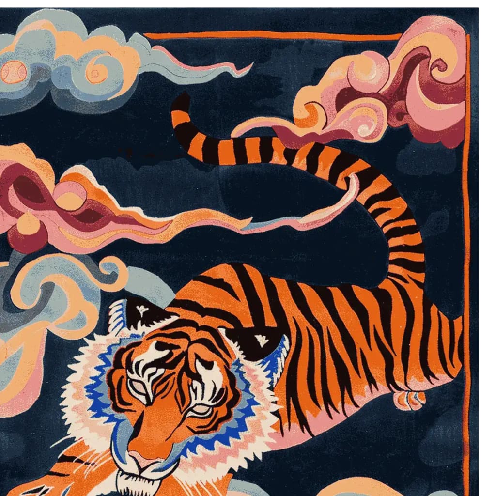 Vibrant and artistic area rug featuring a striking abstract tiger design against a dark background, perfect for adding a bold statement to any living room. This hand-tufted wool rug brings a touch of the wild into your home decor, making it an ideal choice for those looking to enhance their space with unique area rugs for living room.