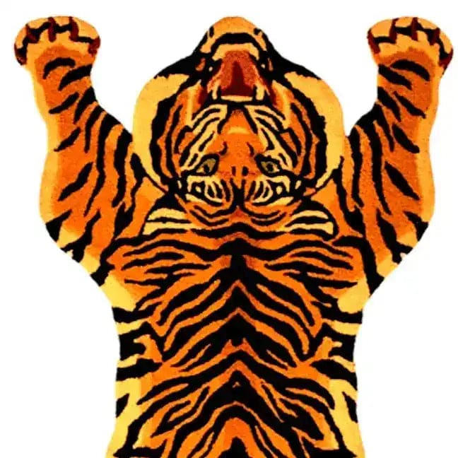 Vibrant hand-tufted wool area rug featuring an abstract tiger design, perfect for adding a bold statement to your bedroom or living room. This striking wool rug showcases intricate patterns and vibrant colors, making it an ideal choice for bedroom rugs or living room area rugs.