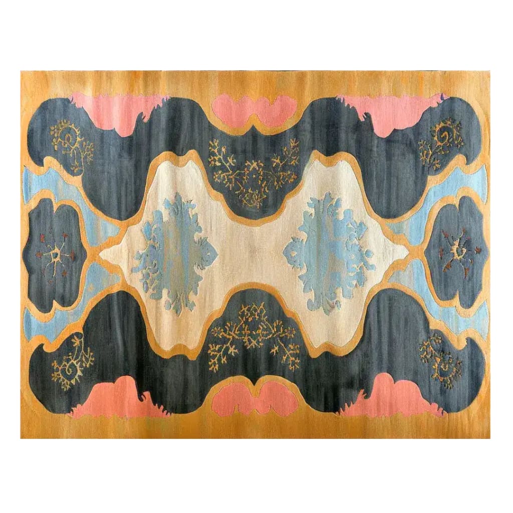 Top view of Rococo Dreams Hand Tufted Area Rug showcasing an abstract design in muted tones. This contemporary wool rug is perfect for large living rooms, sized 8x10, and adds an artistic touch with its unique patterns.
