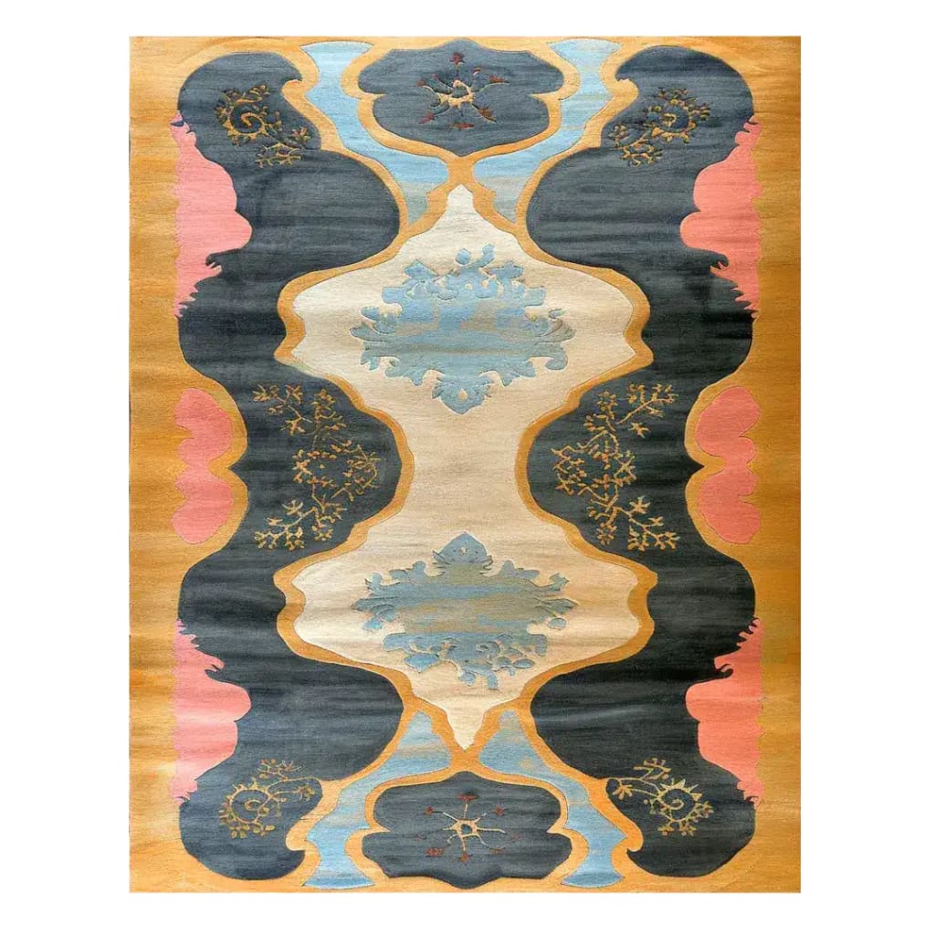 A beautifully designed Rococo Dreams Hand Tufted Area Rug showcasing an intricate abstract pattern with rich colors including blue, pink, and gold. This contemporary wool rug is perfect for large living spaces, offering a luxurious touch to any decor. Ideal for living room rugs 8x10, it combines style and comfort seamlessly.