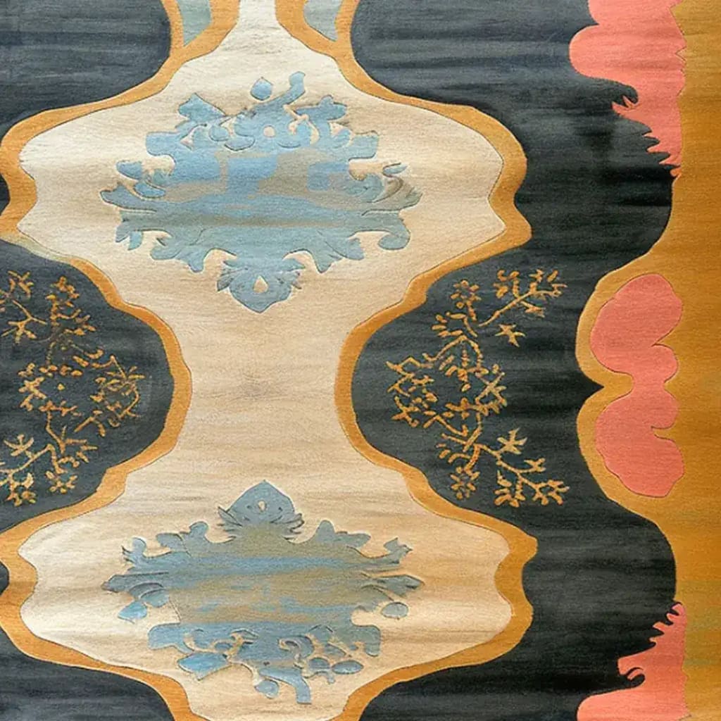Vibrant Rococo Dreams hand-tufted area rug featuring an intricate abstract design with blue, gold, and coral hues, perfect for contemporary decor. This wool rug adds a touch of elegance to large living spaces, ideal as an 8x10 living room rug.