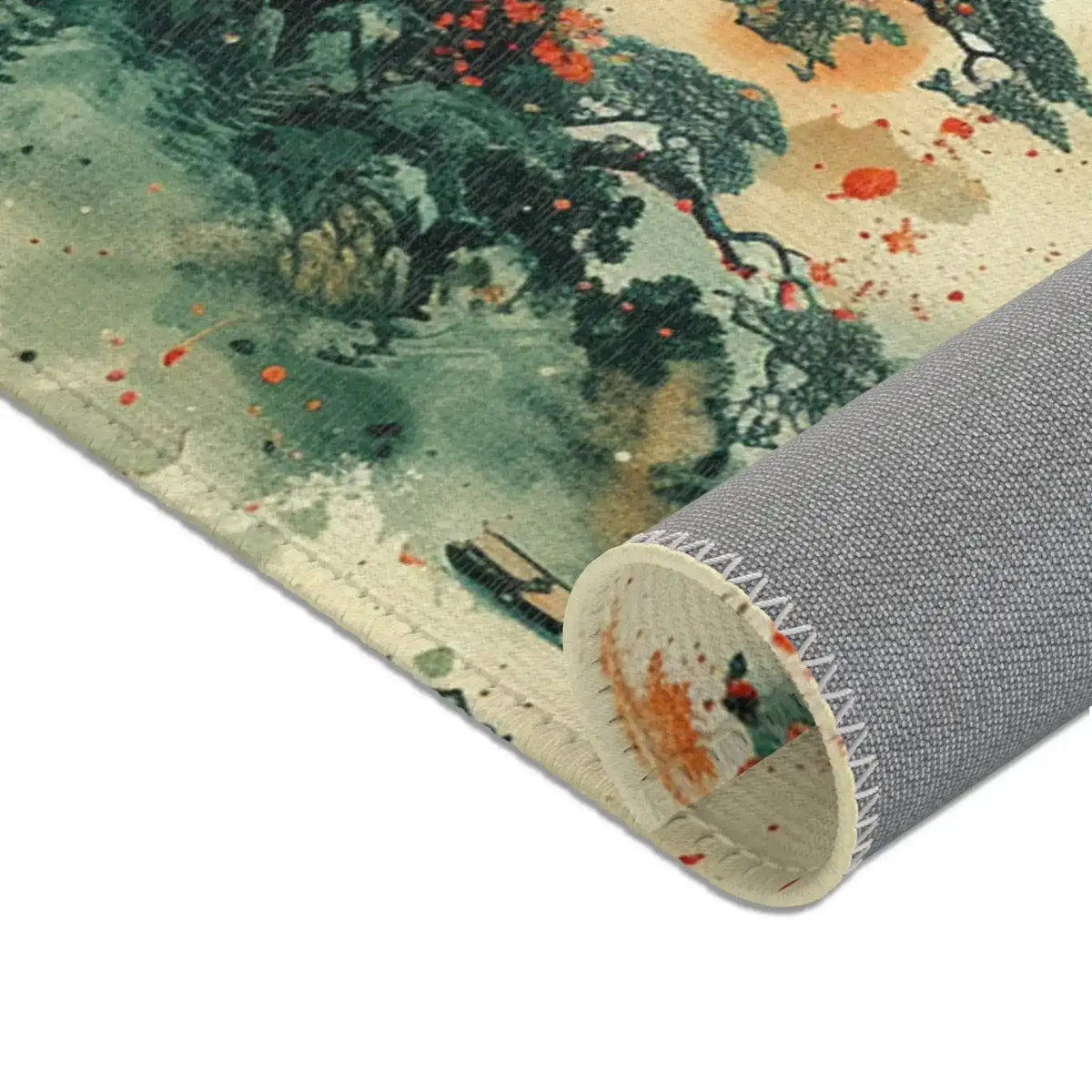 Rolled corner of Moonlit Dragonscape rug showing the misty mountain print and grey underside