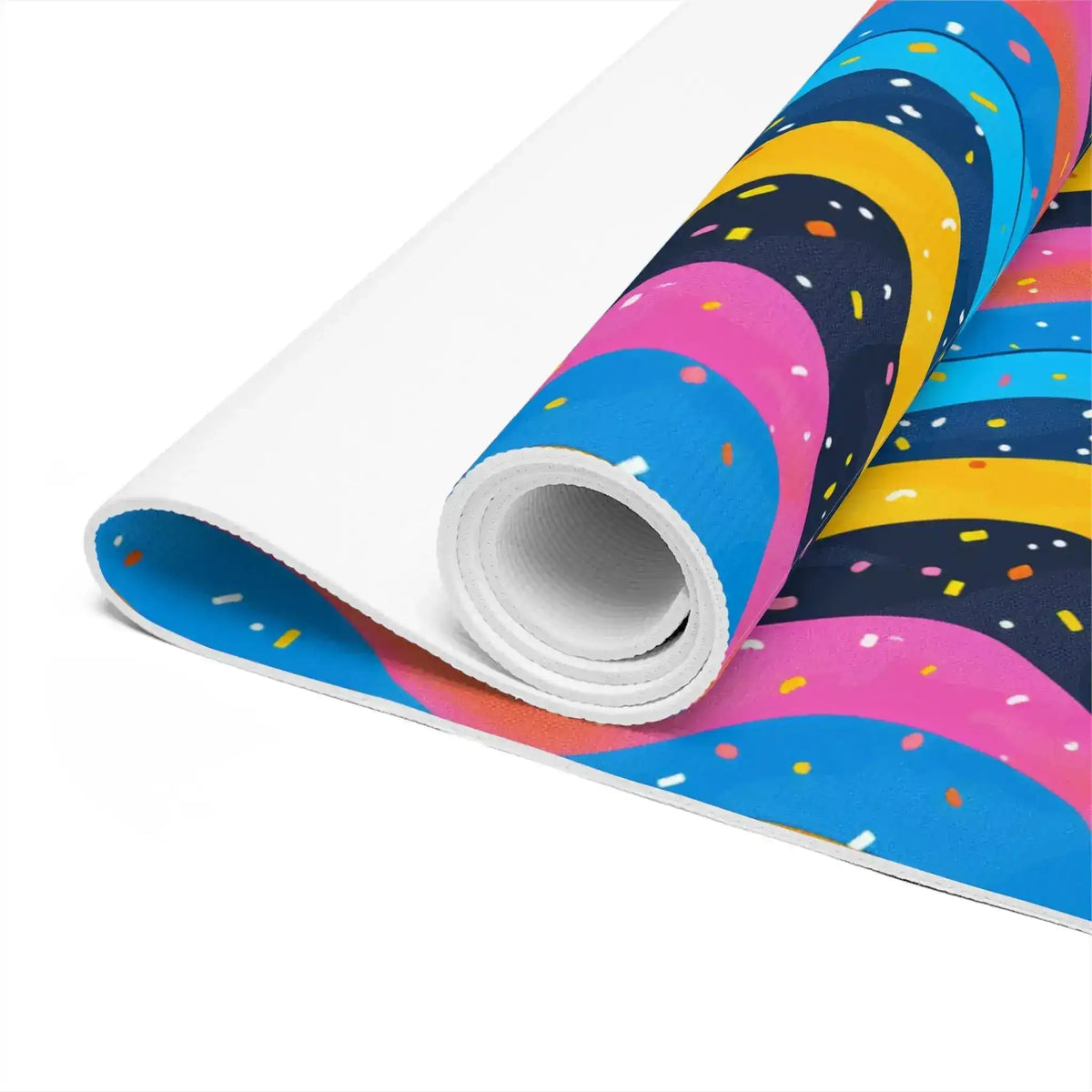 Rolled edge of Carnival Currents yoga mat showing white underside and confetti-speckled wavy print