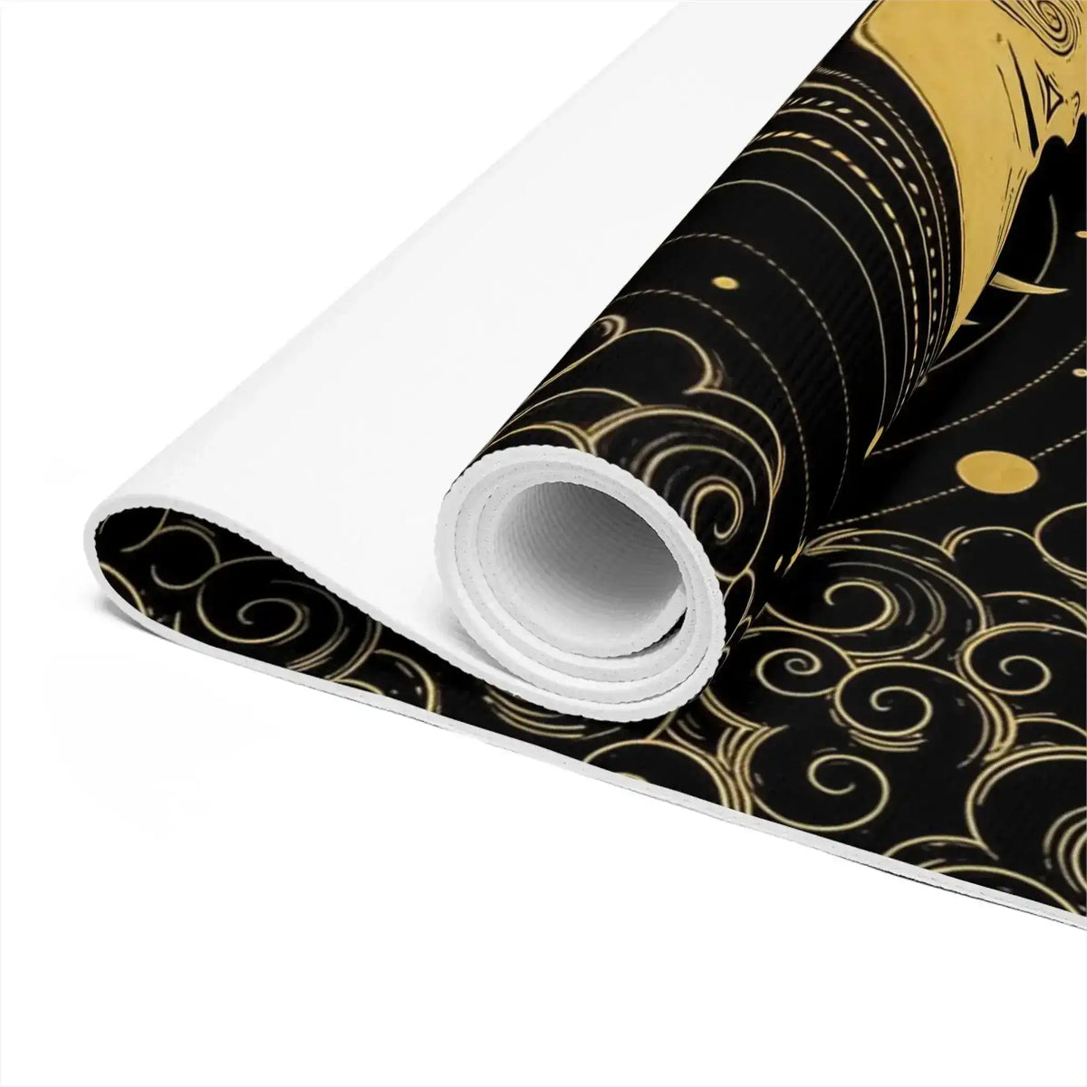 Rolled end of Astral Balance yoga mat showing cushioned thickness and gold cloud detail on black