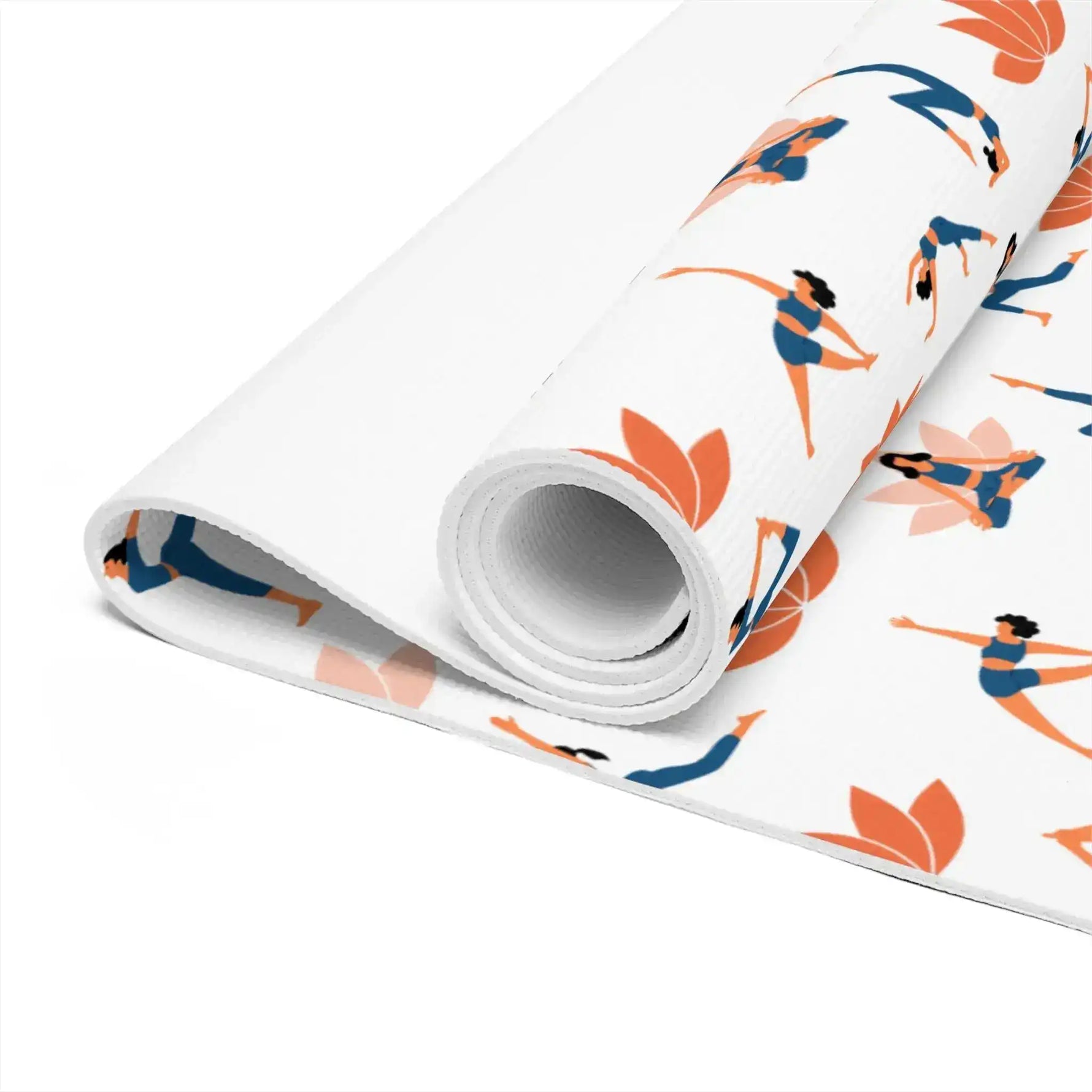Rolled end of Graceful Lotus mat, white core with yoga figures and orange lotus