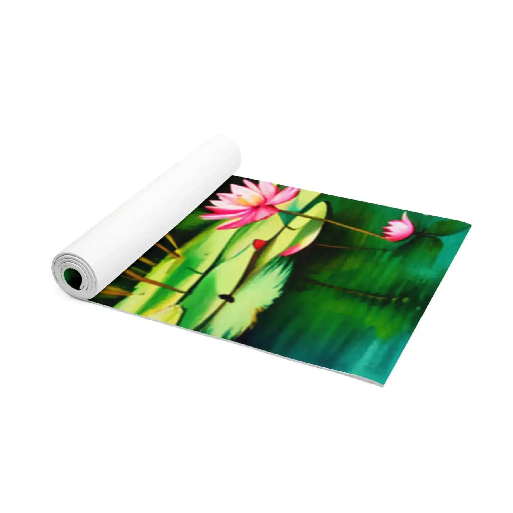 Rolled foam yoga mat with pink lotus and green lily pond print and white underside