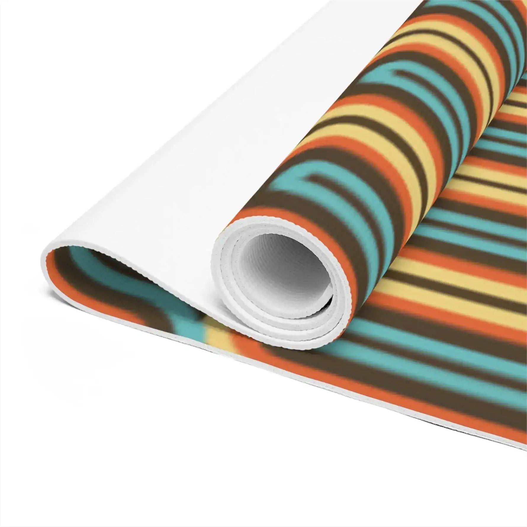 Rolled yoga mat showing retro stripes in teal, orange, cream and brown with a white underside