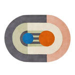 A contemporary area rug with a geometric design featuring bold colors like blue, orange, and neutral tones. This hand-tufted wool rug is perfect for large living room spaces, adding a modern touch to any area. Its unique shape and vibrant pattern make it an eye-catching piece for those looking to enhance their living room decor.