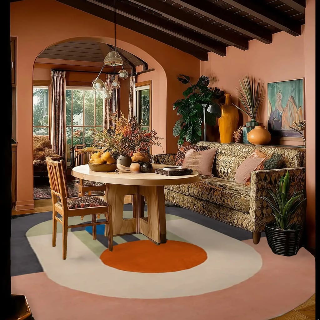 A stylish living room featuring a Rolling Balls Geometric Round Hand Tufted Wool Rug. The vibrant area rug, perfect for large living rooms, showcases a contemporary design with colorful circles. It complements the cozy seating area, adding warmth and sophistication to the space, making it an ideal choice for those seeking area rugs for living room decor.