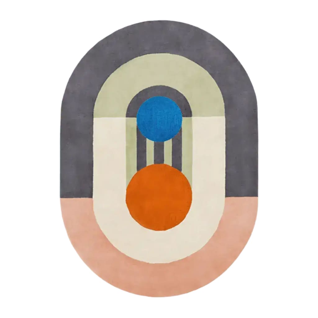 This vibrant Area Rug showcases a stylish geometric design with bold colors, perfect for enhancing large living room spaces. The contemporary wool rug features a striking combination of blue, orange, and neutral tones, making it an ideal choice for those seeking area rugs for living room decor.