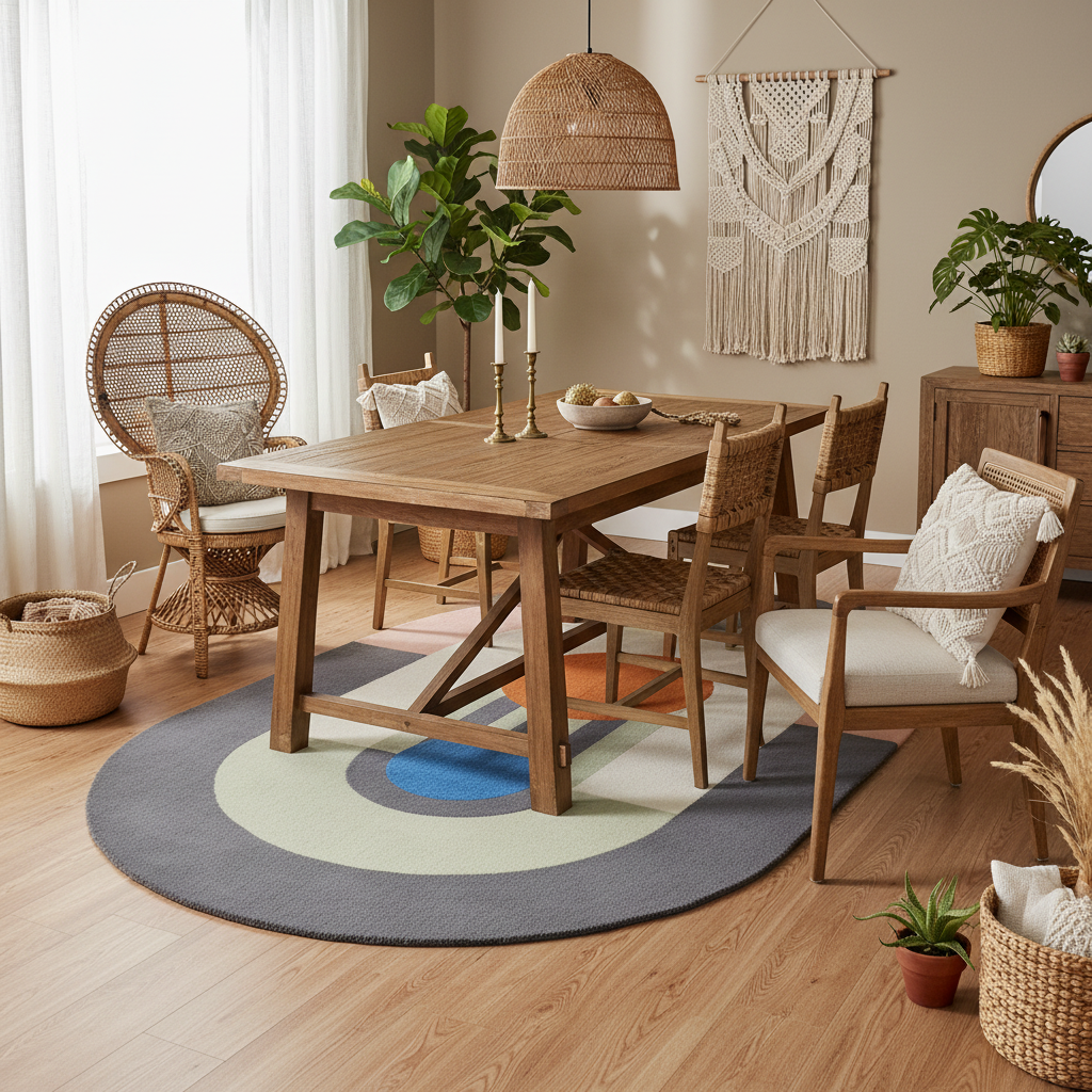 Dining room with wooden table and chairs on a colorful rug, plants, and decorative wall art.