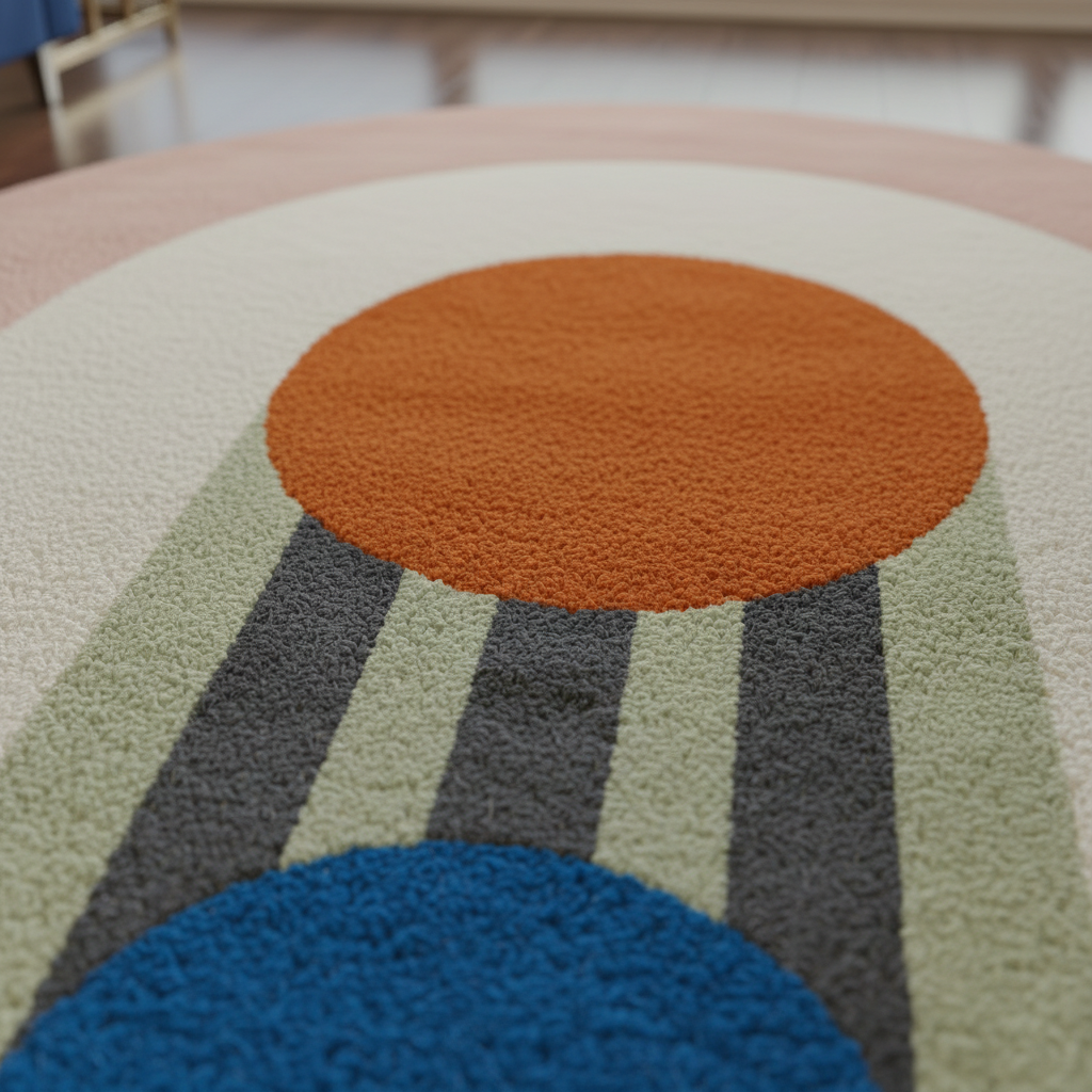 Close-up of a textured surface of a hand-tufted wool rug with circular patterns in orange, blue, and gray.