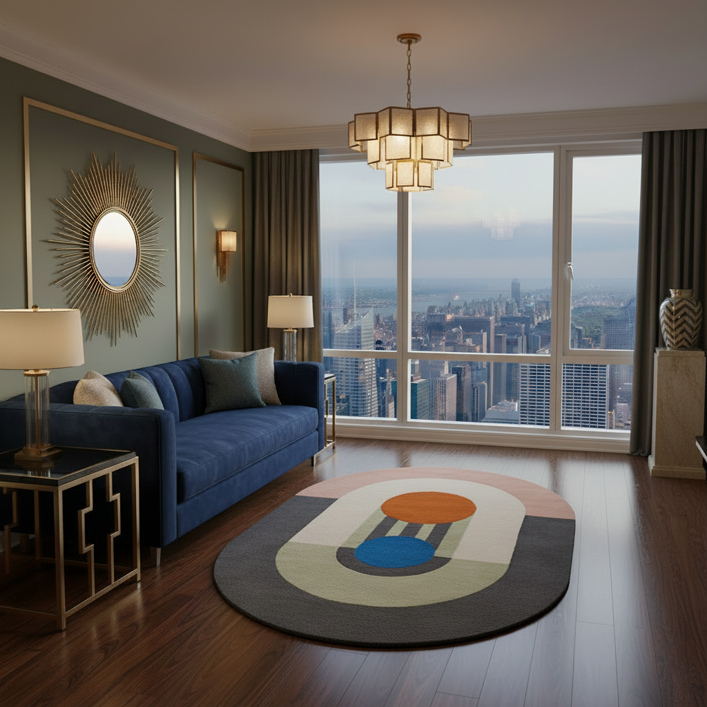Modern living room with a blue sofa, colorful handmade rug, and cityscape view.