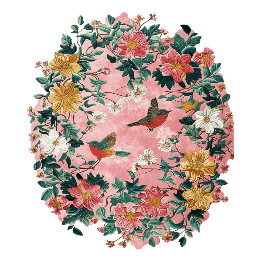 Vibrant area rug featuring a romantic tapestry design with intricate floral patterns and birds. This hand-tufted wool rug showcases pink, green, and yellow hues, perfect for adding a touch of elegance to large living room spaces.
