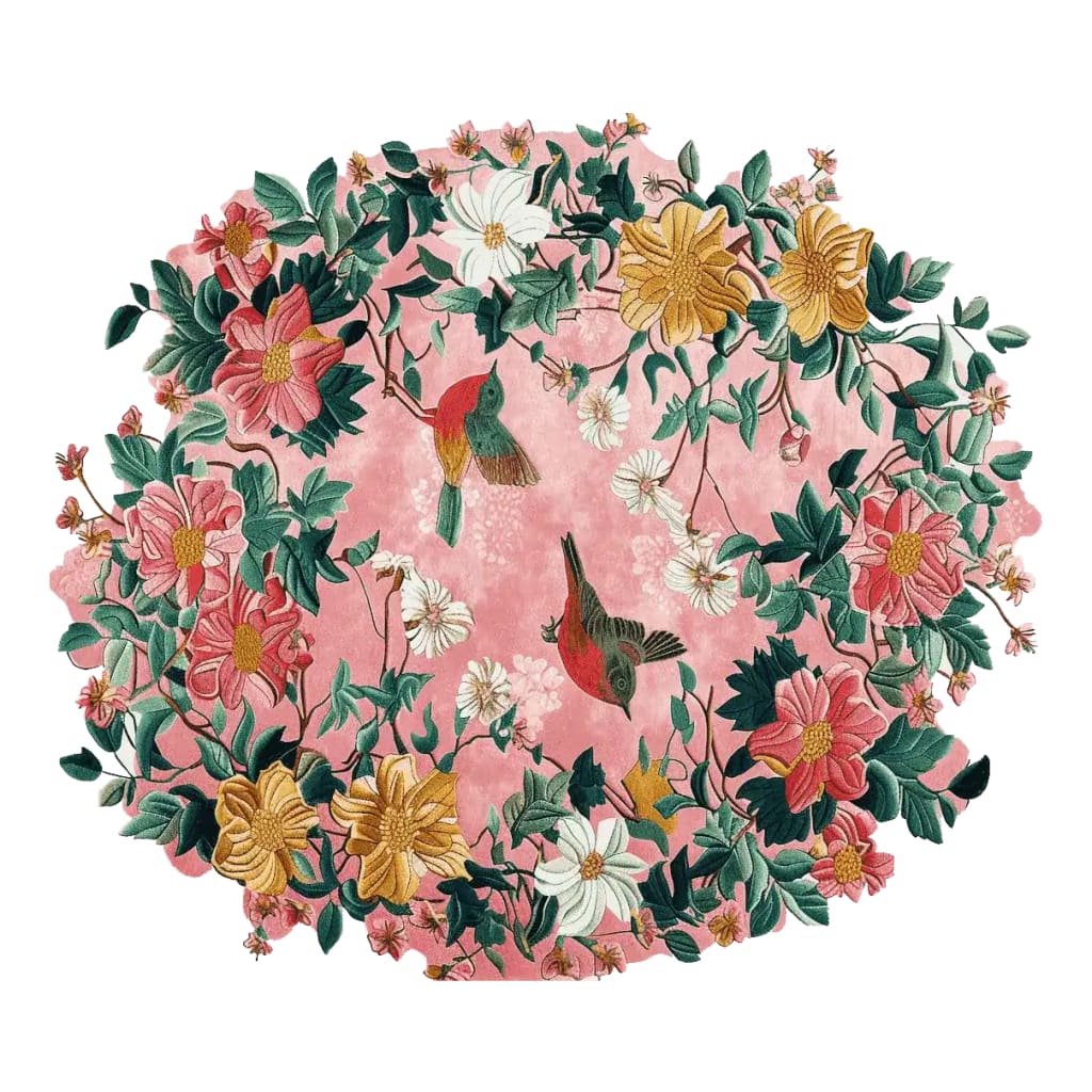 Vibrant hand-tufted area rug featuring a floral design with colorful birds and lush green leaves on a pink background, perfect for large living rooms. This wool rug combines elegance and warmth, making it an ideal choice for area rugs in the living room.