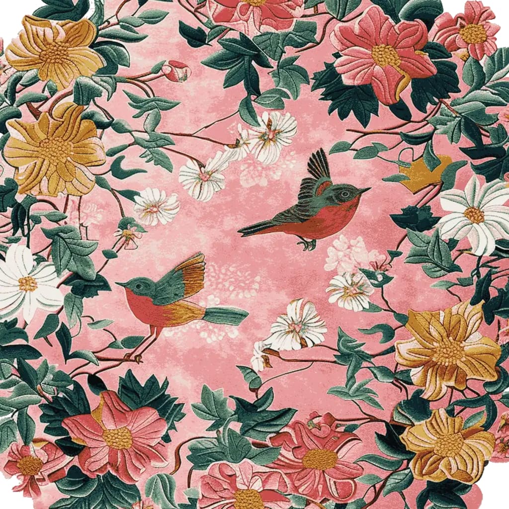 A beautifully designed area rug featuring a vibrant floral pattern with birds on a soft pink background. This wool rug showcases intricate details with colorful blooms and lush greenery, making it an ideal choice for large living room rugs or area rugs for the living room.
