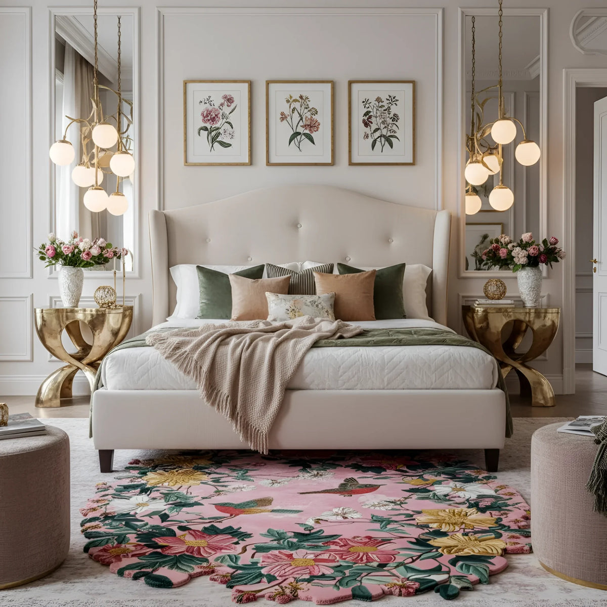 Luxurious bedroom with a large bed, floral rug, and decorative lighting.