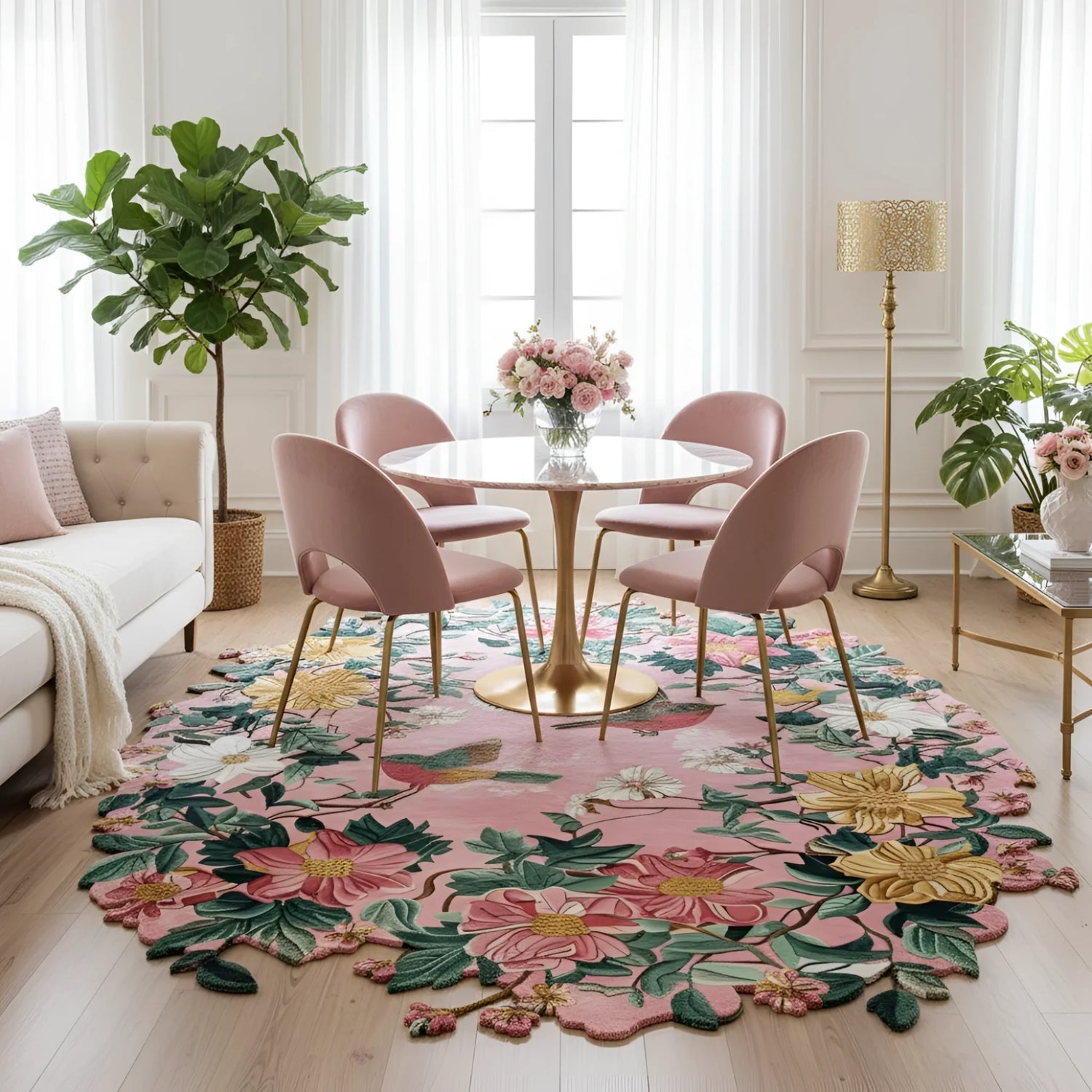 dining room with floral rug